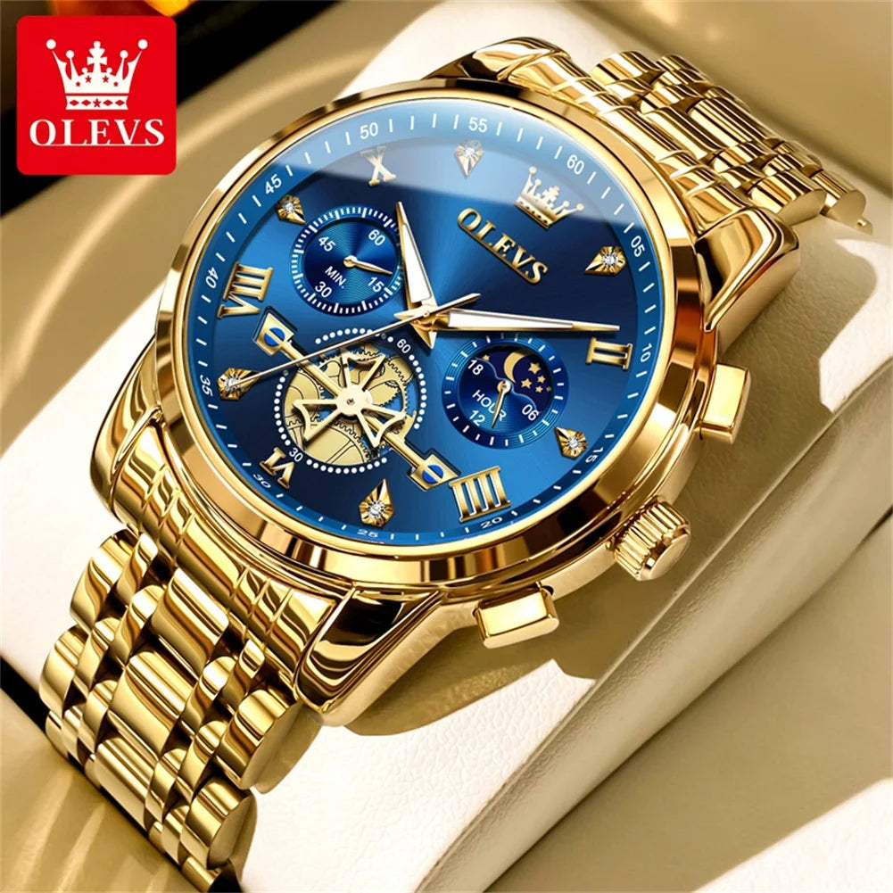 OLEVS Men's Watches Classic Multifunctional Flywheel Design Stainless steel Waterproof Moon Phase Men's Wristwatches 2024 Trend