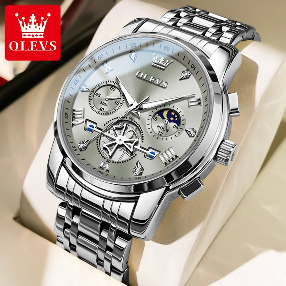 OLEVS Men's Watches Classic Multifunctional Flywheel Design Stainless steel Waterproof Moon Phase Men's Wristwatches 2024 Trend