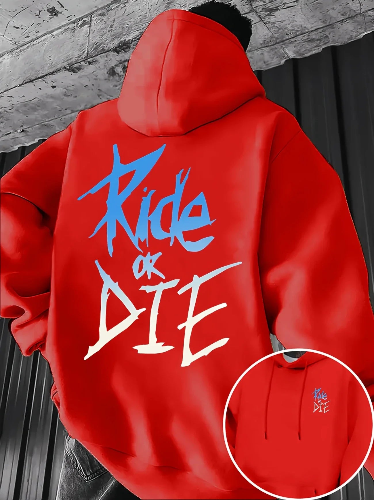 Graffiti print "RIDE OR DIE" street style, 100% polyester fiber, kangaroo pocket&adjustable drawstring black, blue and white des