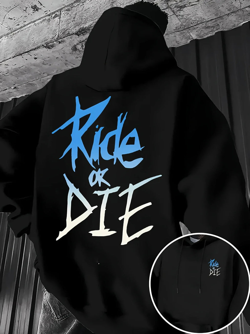 Graffiti print "RIDE OR DIE" street style, 100% polyester fiber, kangaroo pocket&adjustable drawstring black, blue and white des
