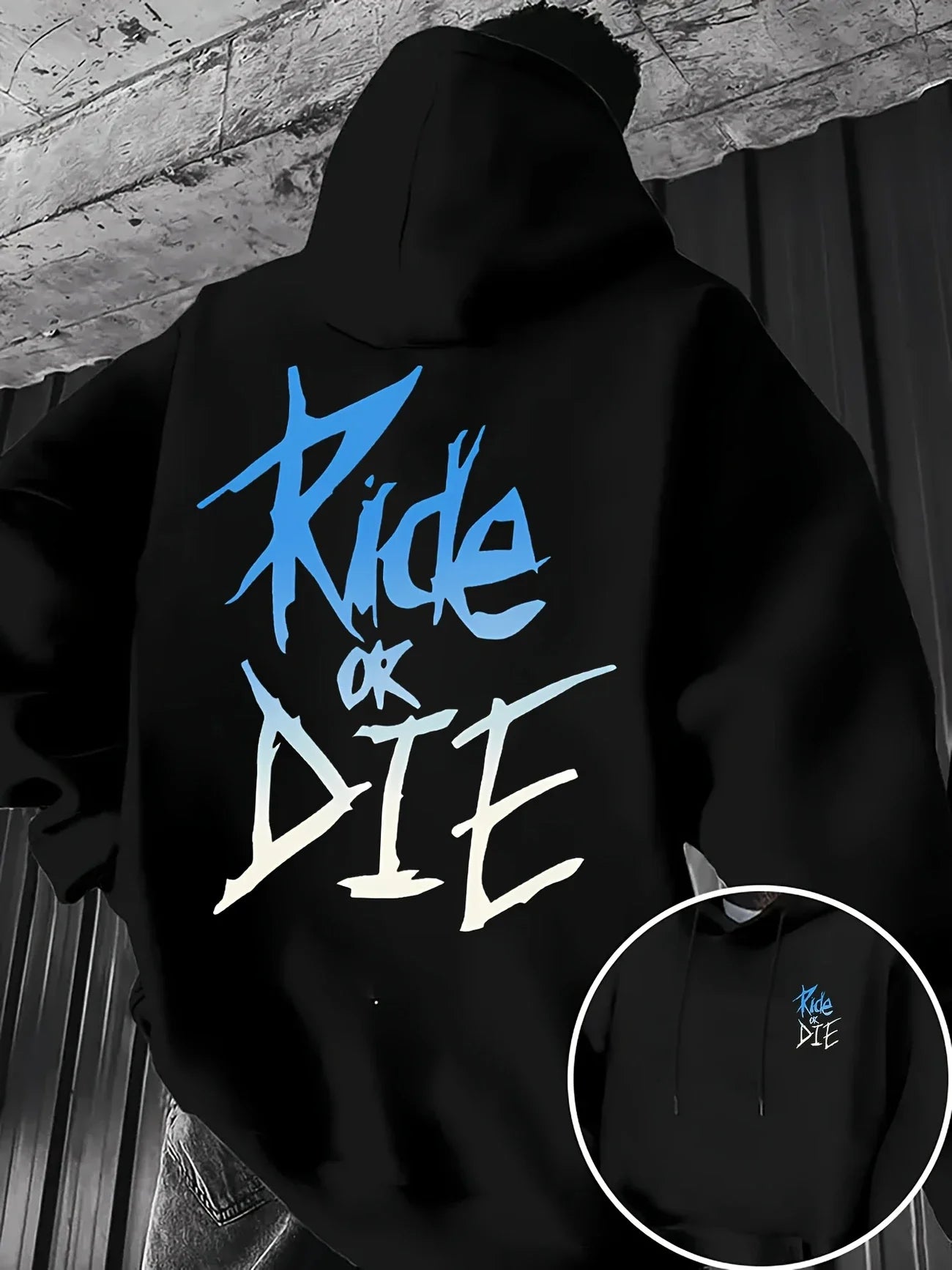 Graffiti print "RIDE OR DIE" street style, 100% polyester fiber, kangaroo pocket&adjustable drawstring black, blue and white des