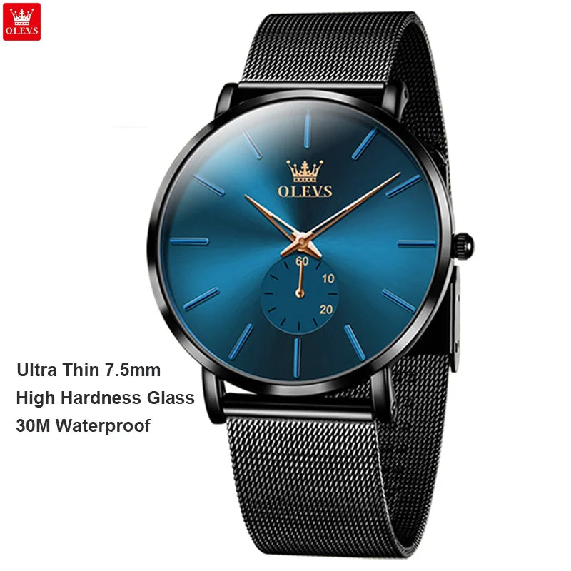 OLEVS 9954 Men's Quartz Watch Ultra Thin 7.5mm Waterproof Minimalist Luminous Business Wristwatch with Mesh Strap