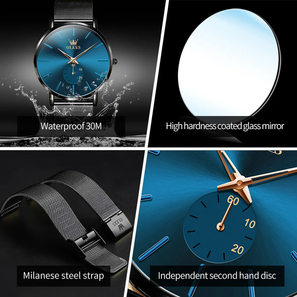 OLEVS 9954 Men's Quartz Watch Ultra Thin 7.5mm Waterproof Minimalist Luminous Business Wristwatch with Mesh Strap
