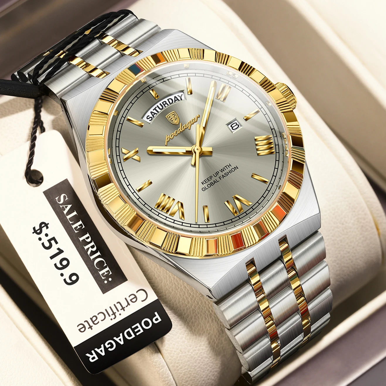 POEDAGAR Luxury Business Man Watch Week Date Waterproof Luminous Watches For Men Stainless Steel Quartz Men's Fashion Wristwatch