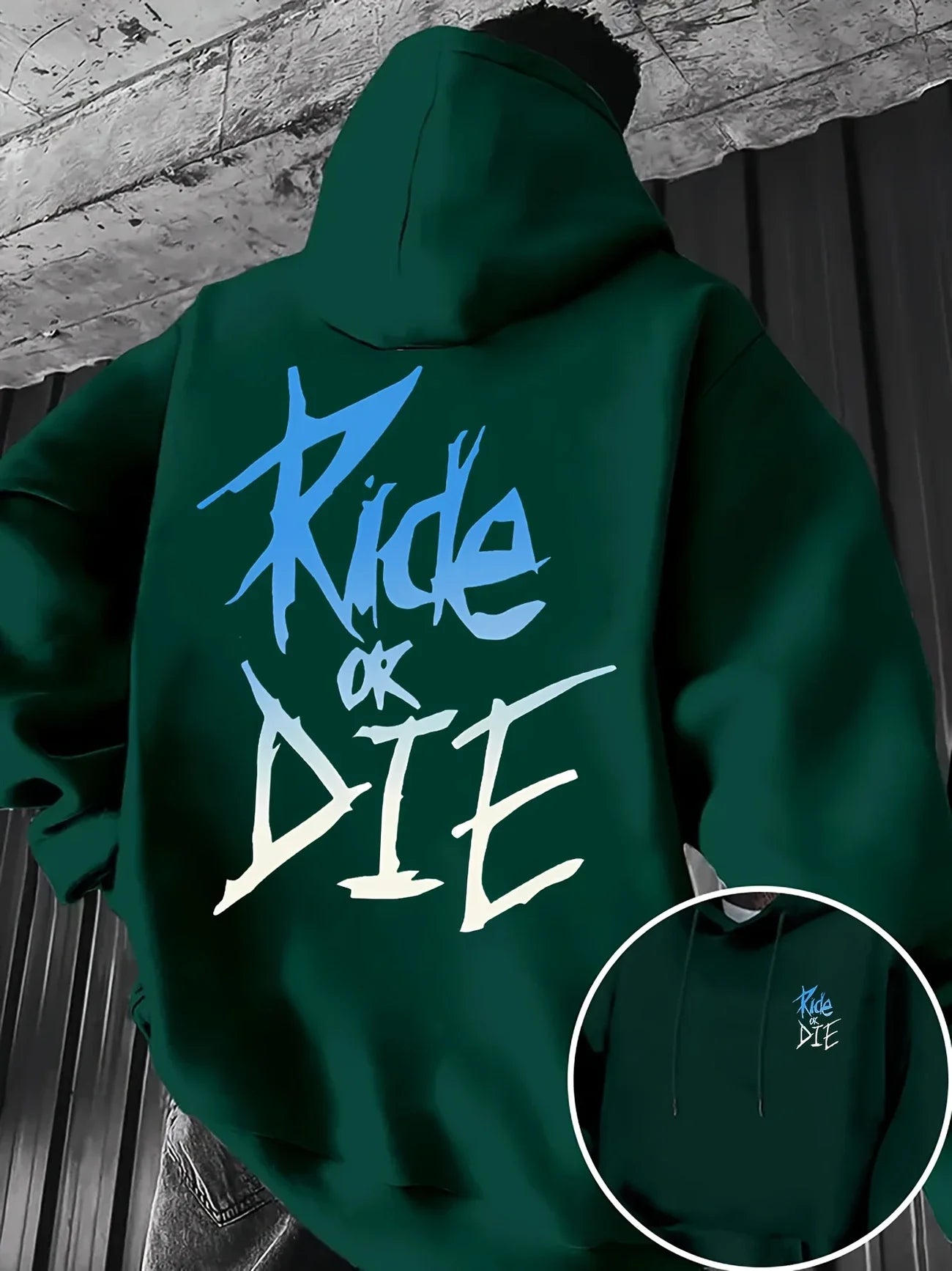 Graffiti print "RIDE OR DIE" street style, 100% polyester fiber, kangaroo pocket&adjustable drawstring black, blue and white des