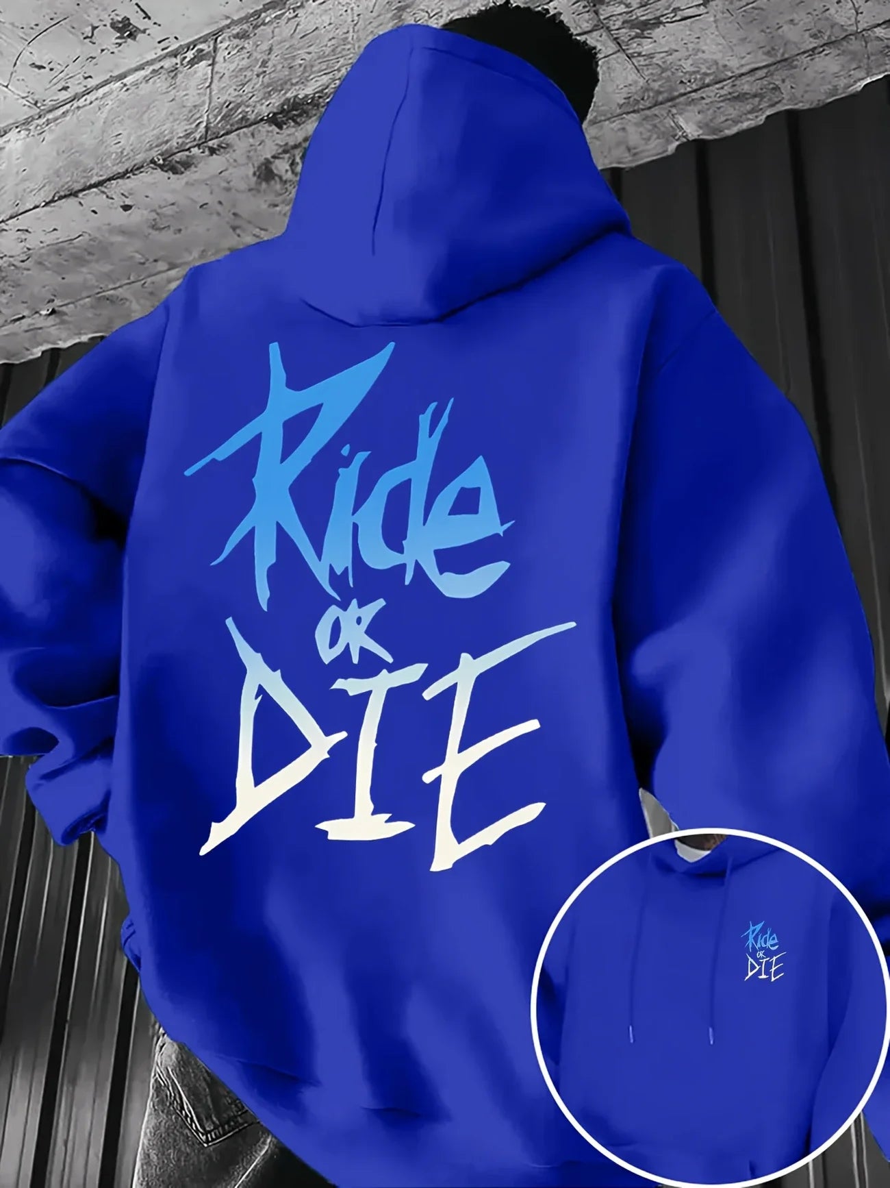 Graffiti print "RIDE OR DIE" street style, 100% polyester fiber, kangaroo pocket&adjustable drawstring black, blue and white des