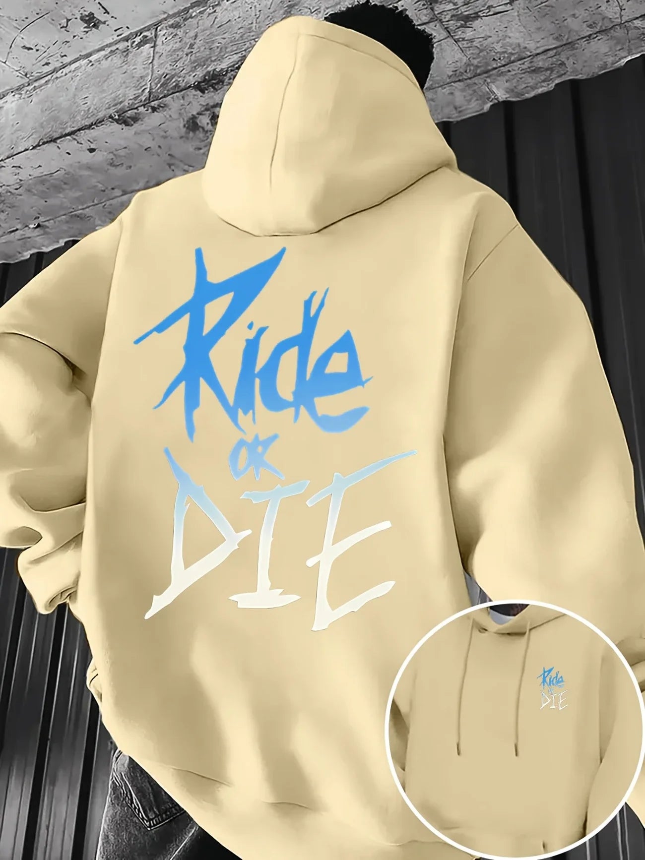 Graffiti print "RIDE OR DIE" street style, 100% polyester fiber, kangaroo pocket&adjustable drawstring black, blue and white des