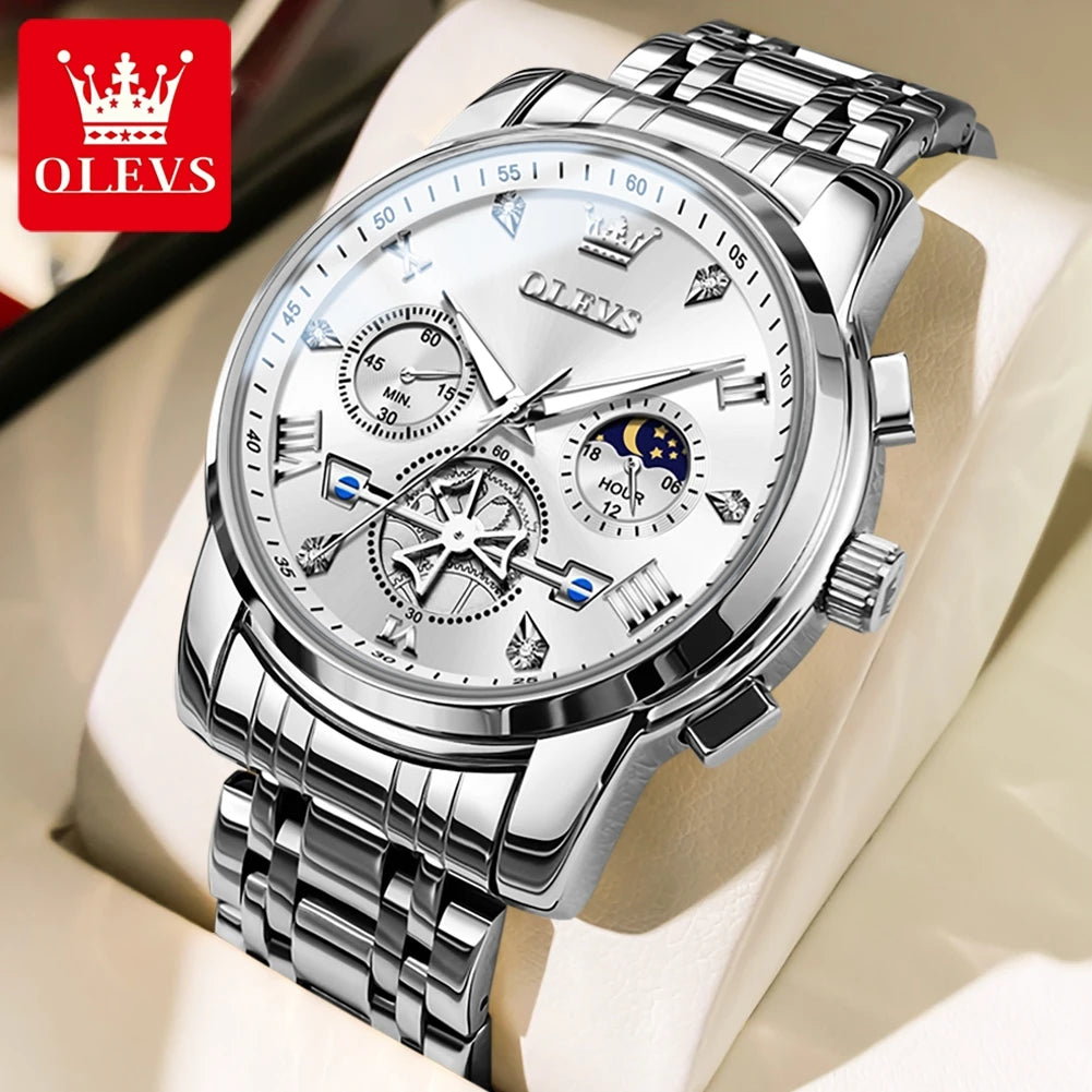 OLEVS Men's Watches Classic Multifunctional Flywheel Design Stainless steel Waterproof Moon Phase Men's Wristwatches 2024 Trend