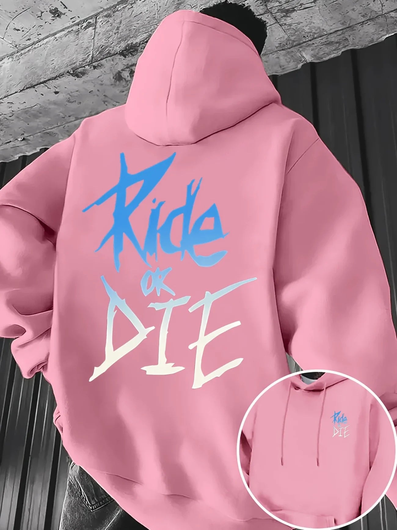 Graffiti print "RIDE OR DIE" street style, 100% polyester fiber, kangaroo pocket&adjustable drawstring black, blue and white des