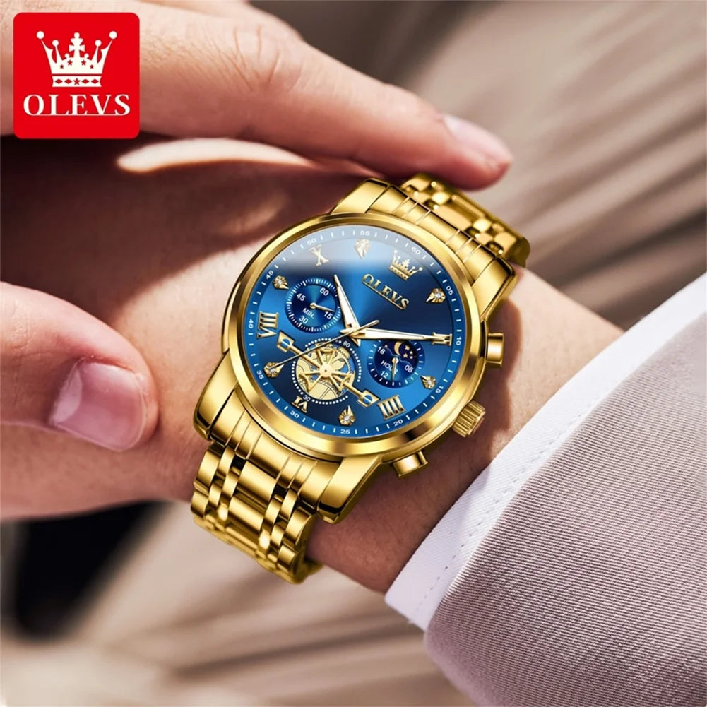 OLEVS Men's Watches Classic Multifunctional Flywheel Design Stainless steel Waterproof Moon Phase Men's Wristwatches 2024 Trend
