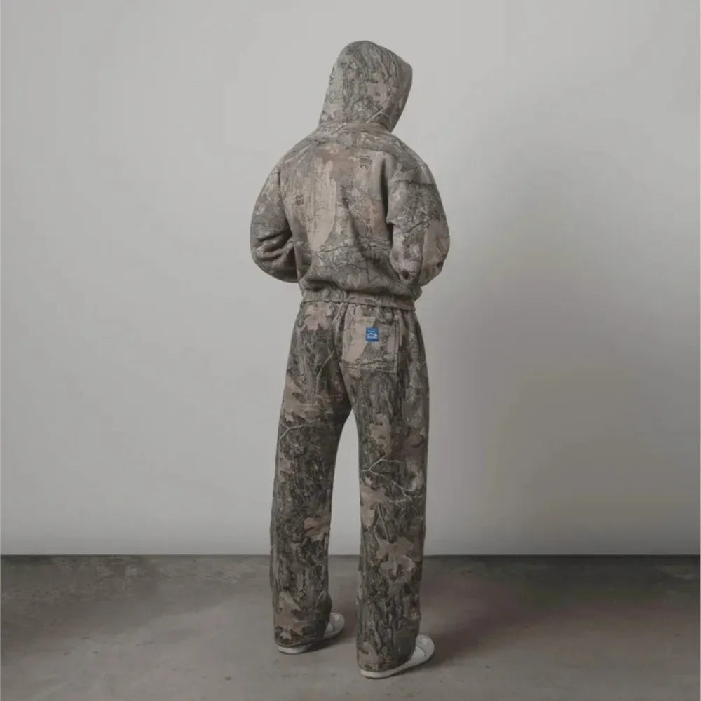 Y2K Retro zip up Hoodie Men Camouflage Pattern Pant Sweatshirt High Street Hip Hop Streetwear Oversized Unisex Jeans Camo Hoodie