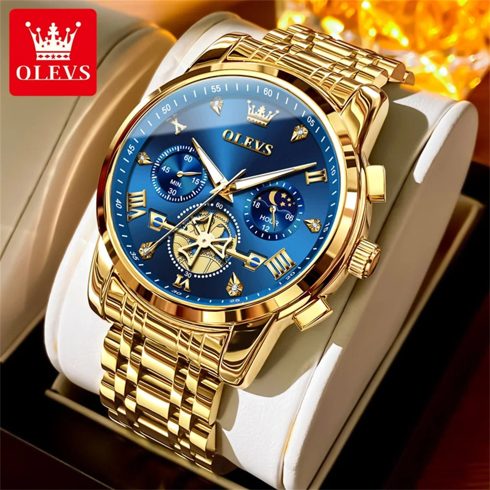 OLEVS Men's Watches Classic Multifunctional Flywheel Design Stainless steel Waterproof Moon Phase Men's Wristwatches 2024 Trend