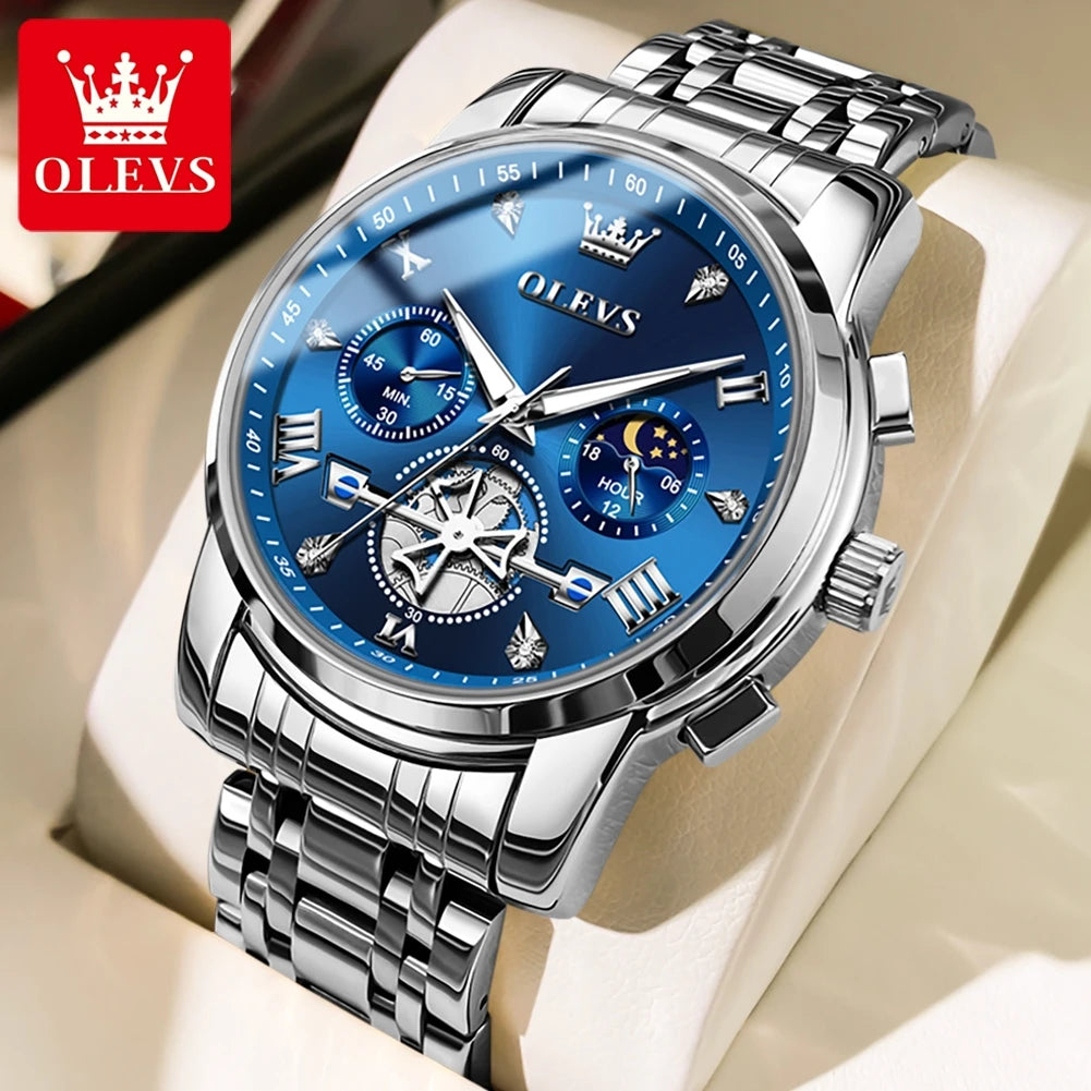 OLEVS Men's Watches Classic Multifunctional Flywheel Design Stainless steel Waterproof Moon Phase Men's Wristwatches 2024 Trend