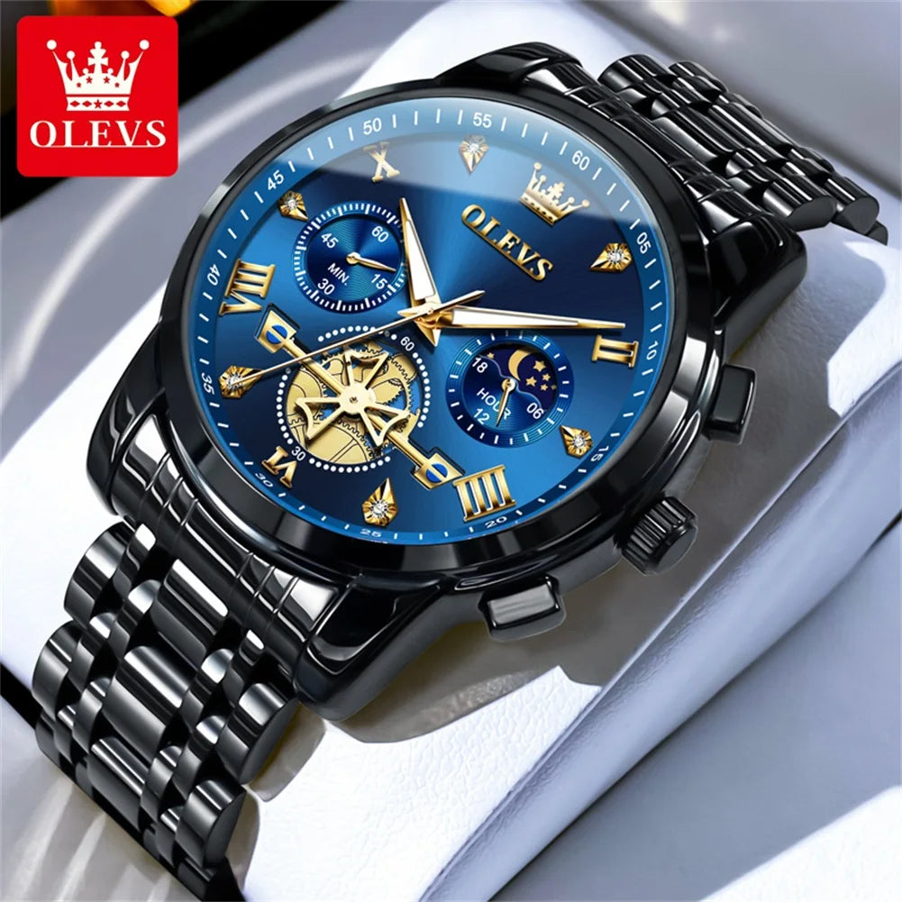 OLEVS Men's Watches Classic Multifunctional Flywheel Design Stainless steel Waterproof Moon Phase Men's Wristwatches 2024 Trend