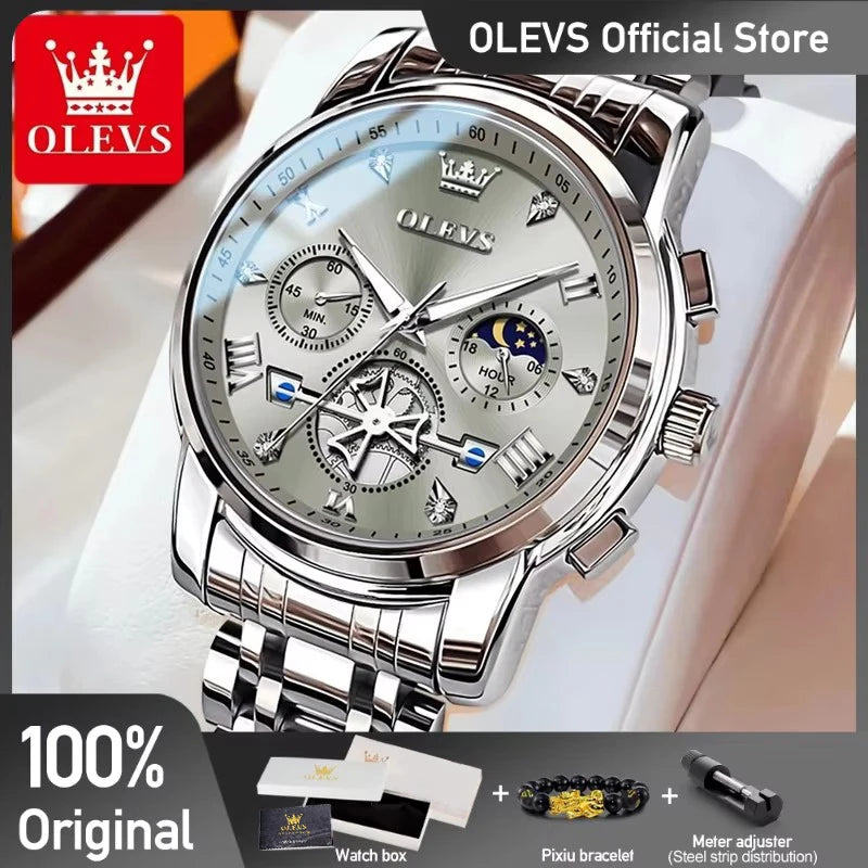 OLEVS Men's Watches Classic Multifunctional Fltwheel Chronograph Original Quartz Wristwatch Moon Phase 24 Hour Waterproof reloj