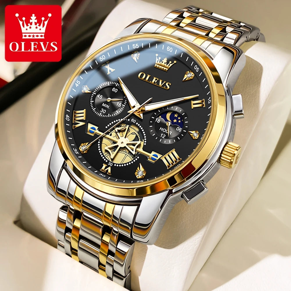 OLEVS Men's Watches Classic Multifunctional Flywheel Design Stainless steel Waterproof Moon Phase Men's Wristwatches 2024 Trend
