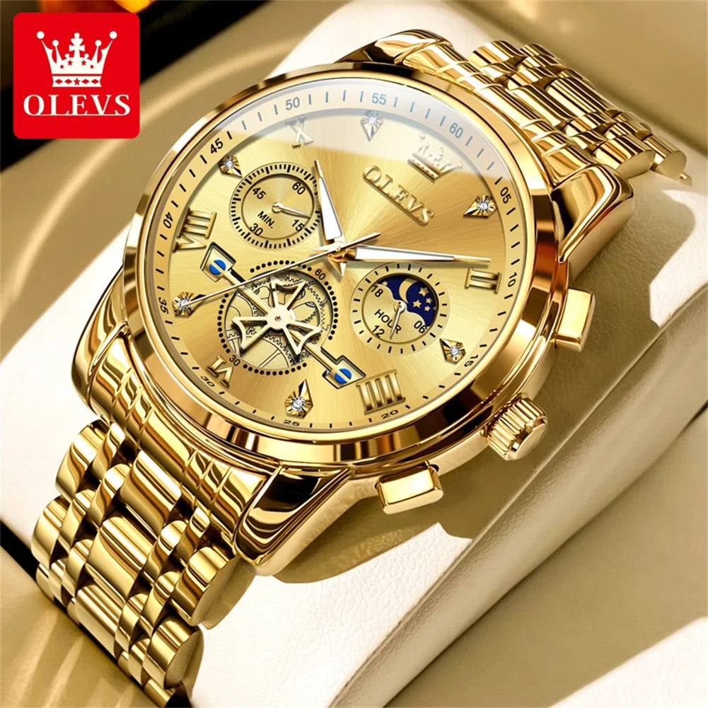 OLEVS Men's Watches Classic Multifunctional Flywheel Design Stainless steel Waterproof Moon Phase Men's Wristwatches 2024 Trend