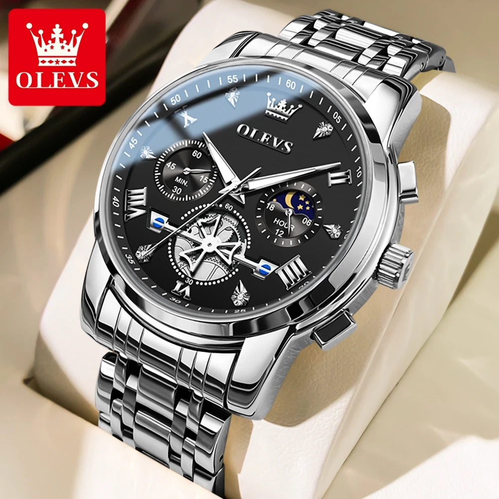 OLEVS Men's Watches Classic Multifunctional Flywheel Design Stainless steel Waterproof Moon Phase Men's Wristwatches 2024 Trend