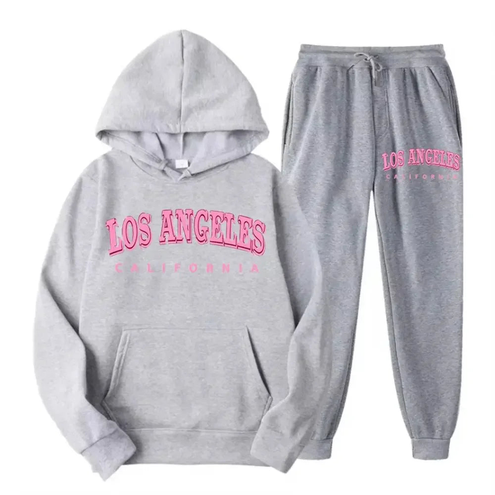 2025 Two-piece set for women, hoodie and fleece pants, loose-fitting pocket sweater, Los Angeles and California print clothing,