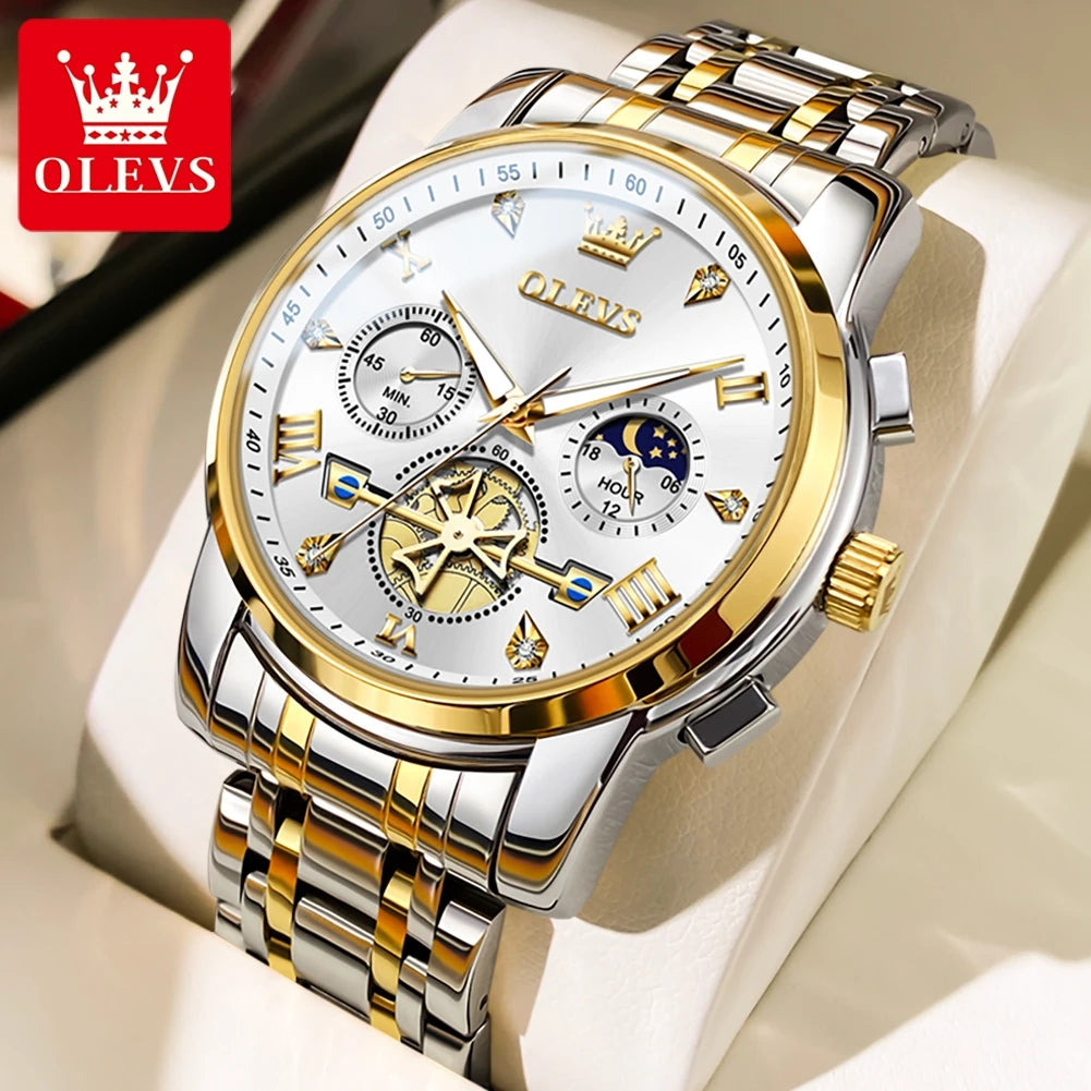OLEVS Men's Watches Classic Multifunctional Flywheel Design Stainless steel Waterproof Moon Phase Men's Wristwatches 2024 Trend