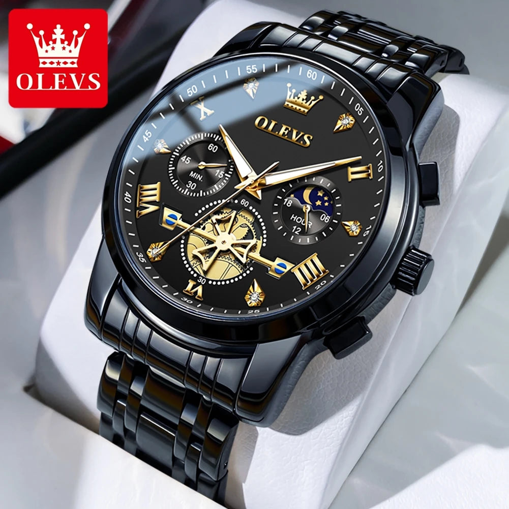OLEVS Men's Watches Classic Multifunctional Flywheel Design Stainless steel Waterproof Moon Phase Men's Wristwatches 2024 Trend