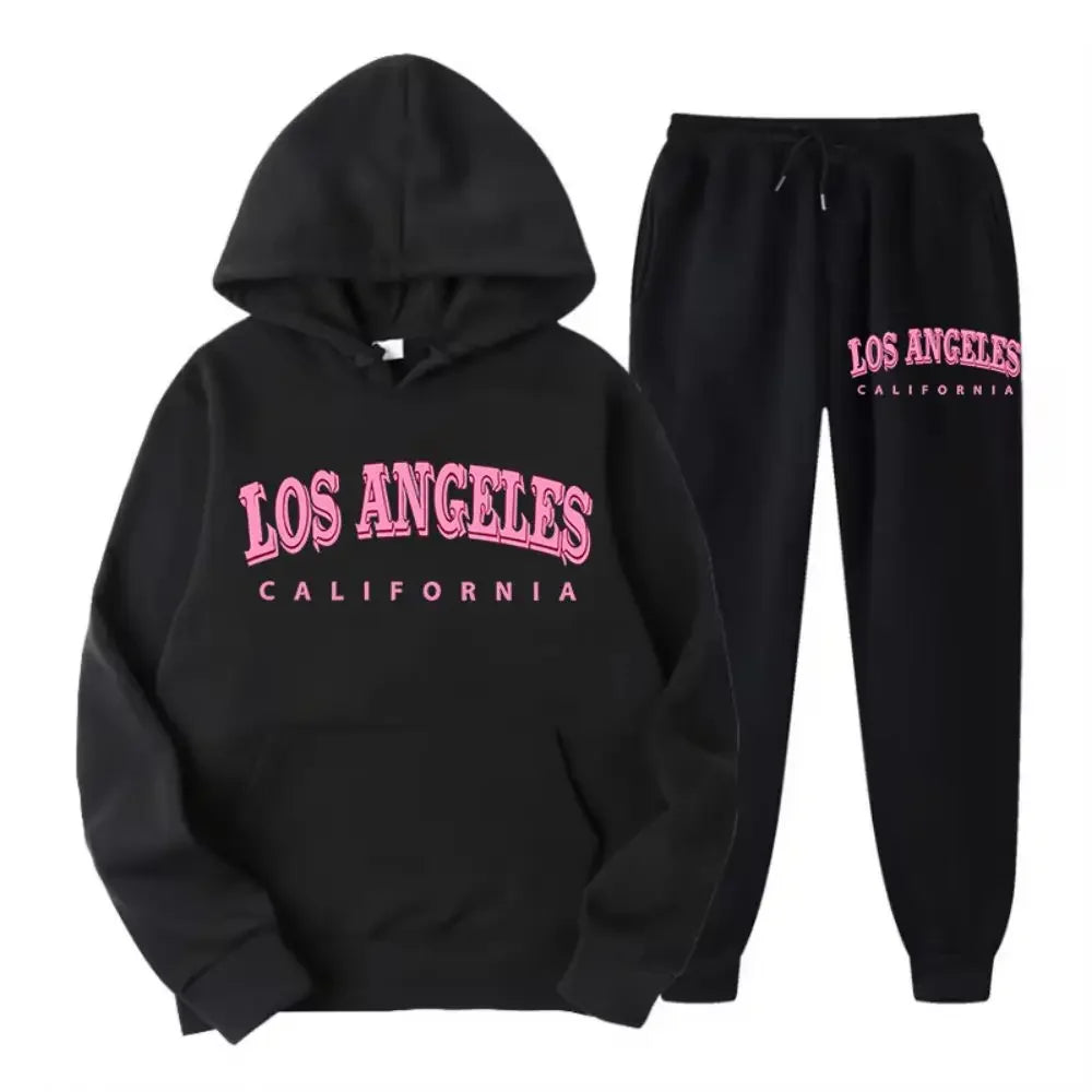 2025 Two-piece set for women, hoodie and fleece pants, loose-fitting pocket sweater, Los Angeles and California print clothing,