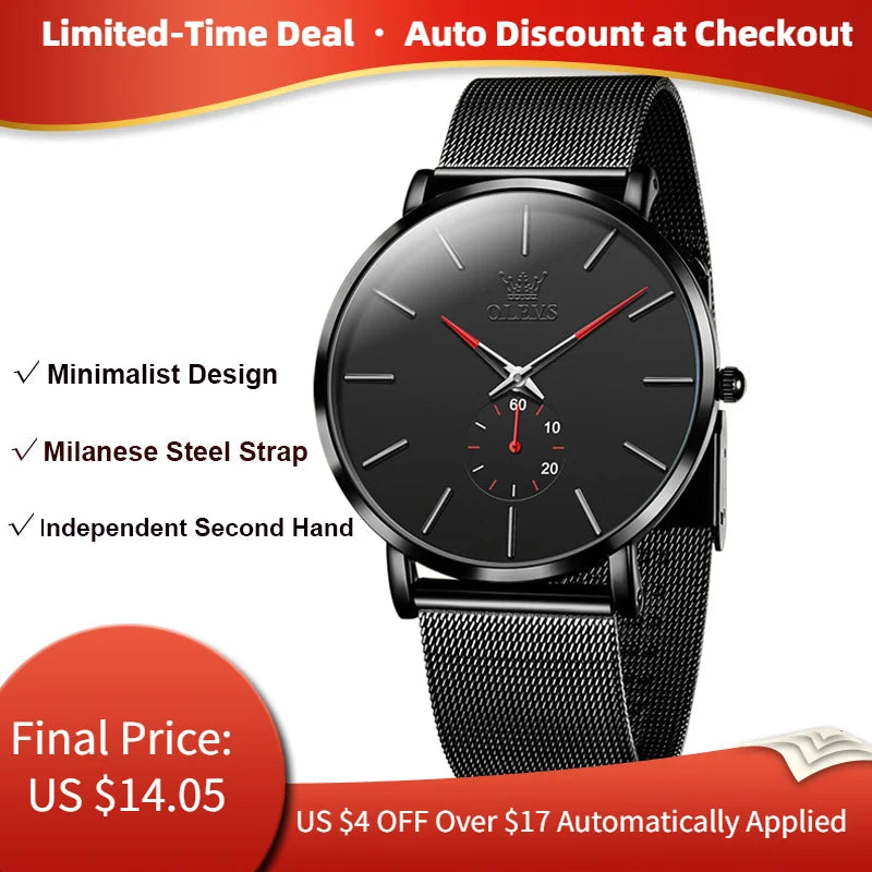 OLEVS 9954 Men's Quartz Watch Ultra Thin 7.5mm Waterproof Minimalist Luminous Business Wristwatch with Mesh Strap