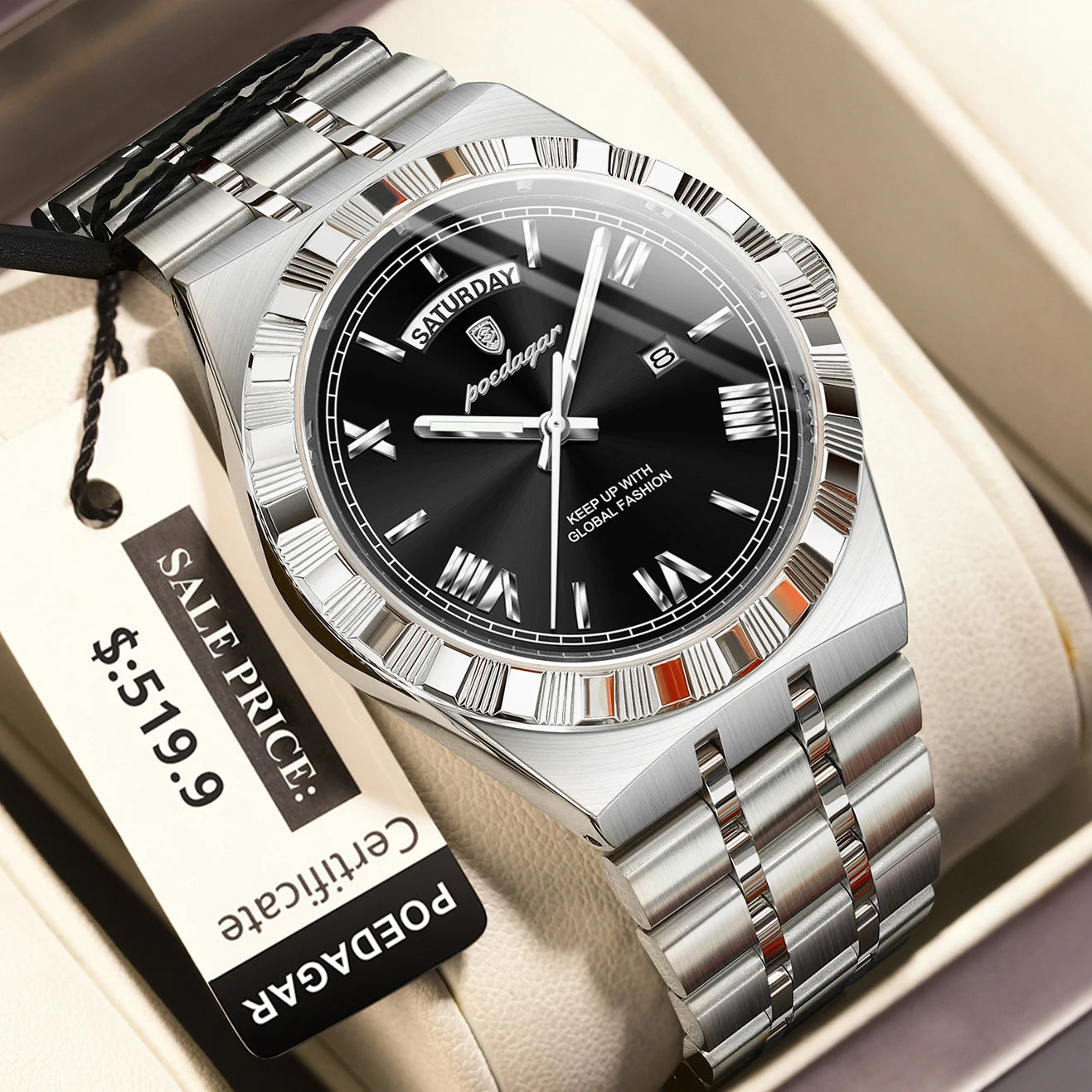 POEDAGAR Luxury Business Man Watch Week Date Waterproof Luminous Watches For Men Stainless Steel Quartz Men's Fashion Wristwatch