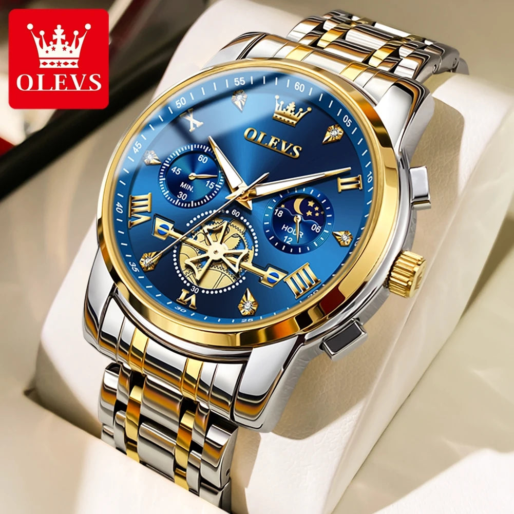 OLEVS Men's Watches Classic Multifunctional Flywheel Design Stainless steel Waterproof Moon Phase Men's Wristwatches 2024 Trend