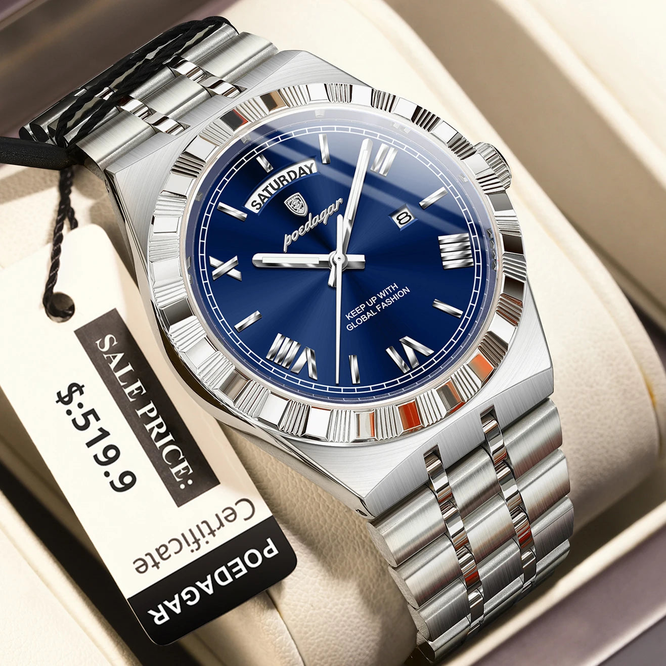 POEDAGAR Luxury Business Man Watch Week Date Waterproof Luminous Watches For Men Stainless Steel Quartz Men's Fashion Wristwatch